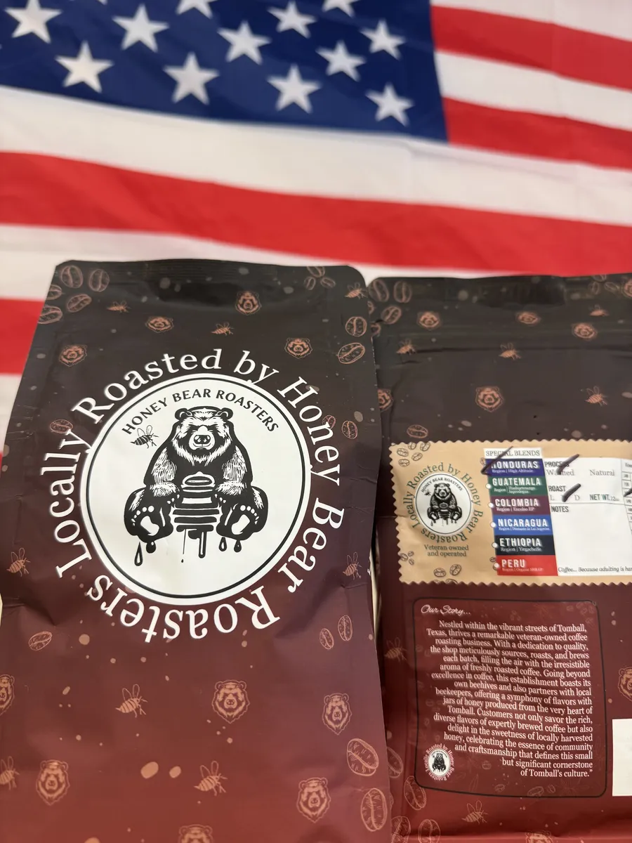 A burgundy Honey Bear Roasters coffee bag variant on an American flag — small-batch packaging that evolves over time